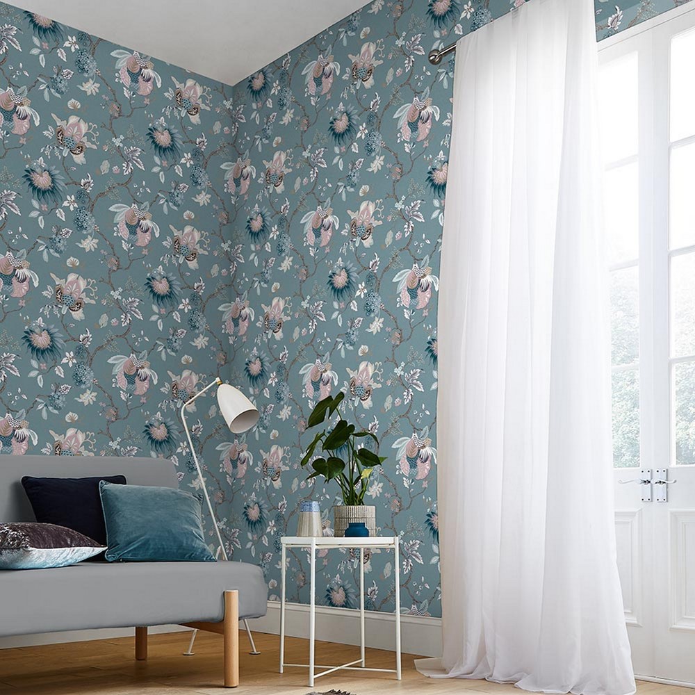 Bordado Floral Wallpaper 105765 by Graham & Brown in Aegean Blue